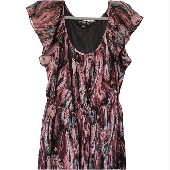 Forever 21 Plus Size Feather Print Ruffle Sleeve Dress 1X - Picture 1 of 12
